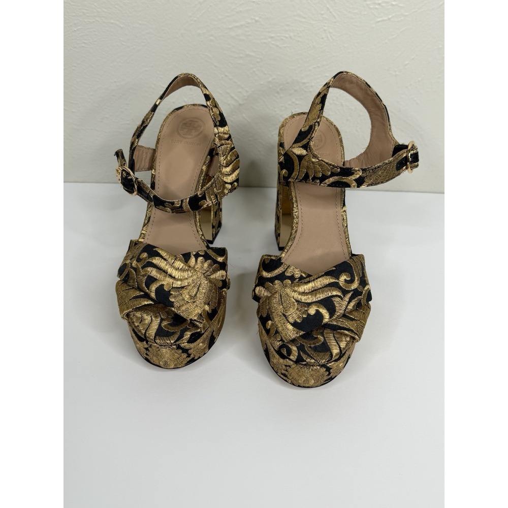 Tory Burch Loretta 115mm Platform Embroidered Black Gold  7 Brocade Fabric - Picture 5 of 12